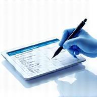 Illustration of a hand filling out a form on a screen.